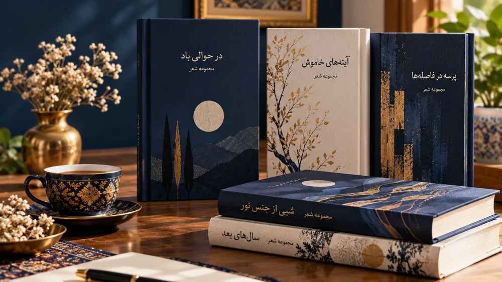 مجموعه‌ای از کتاب‌های شعر معاصر با طراحی مینیمال روی میز کار