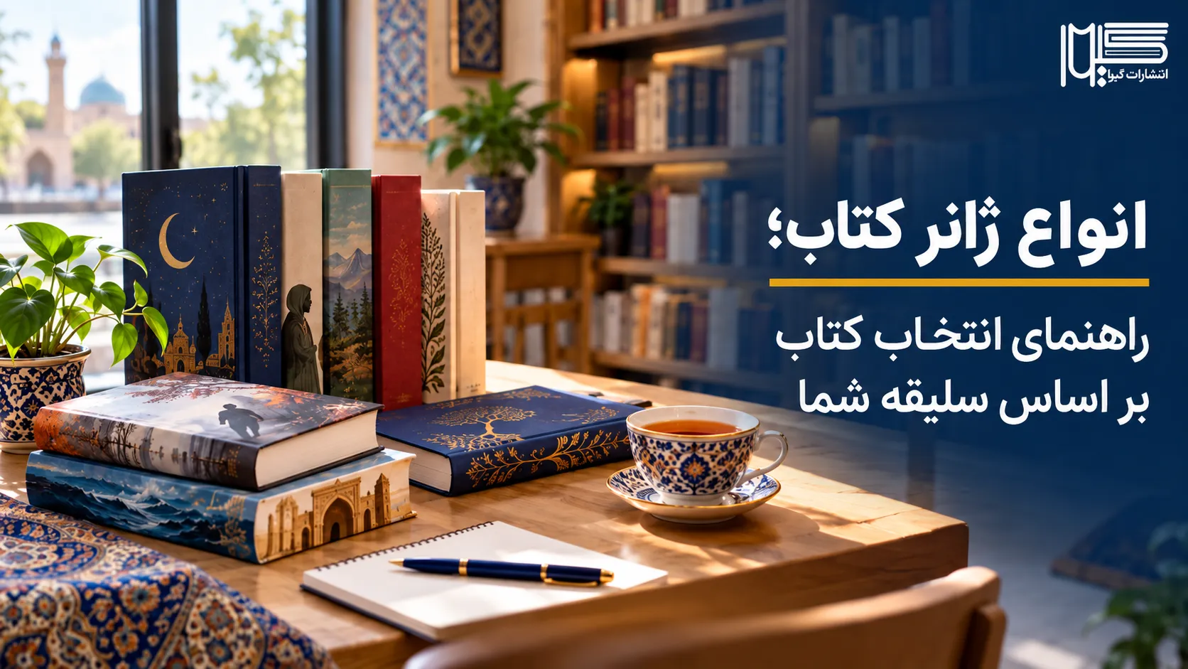 انواع ژانر کتاب؛ مجموعه‌ای از کتاب‌های داستان و رمان روی میز مطالعه، گیوا